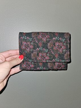 Floral Quilted Foldover Wallet - Black and Pink